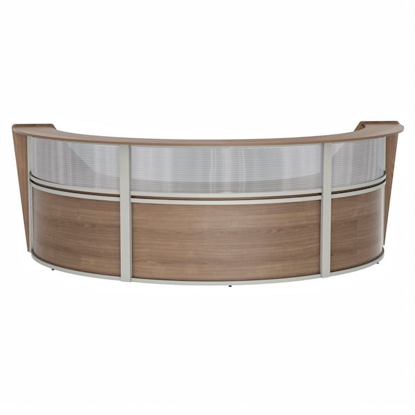 Reception Desk 71 in D X 46 in H, 11.9 ft W X Thermofused Laminate, Walnut, Clear